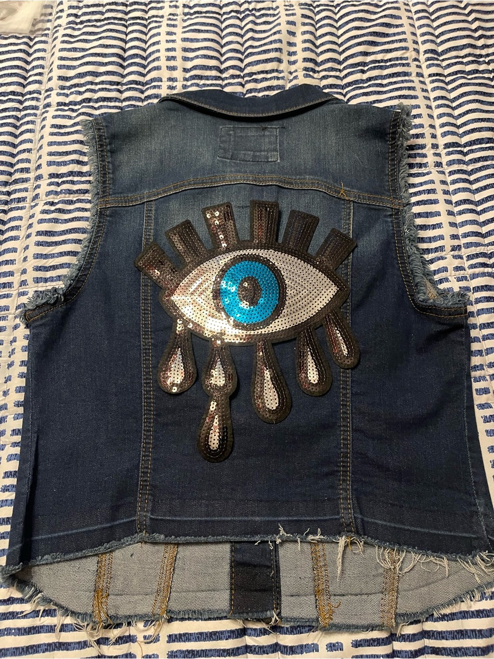 Ladies Denim Vest with Sequin Eye Patch - Blue